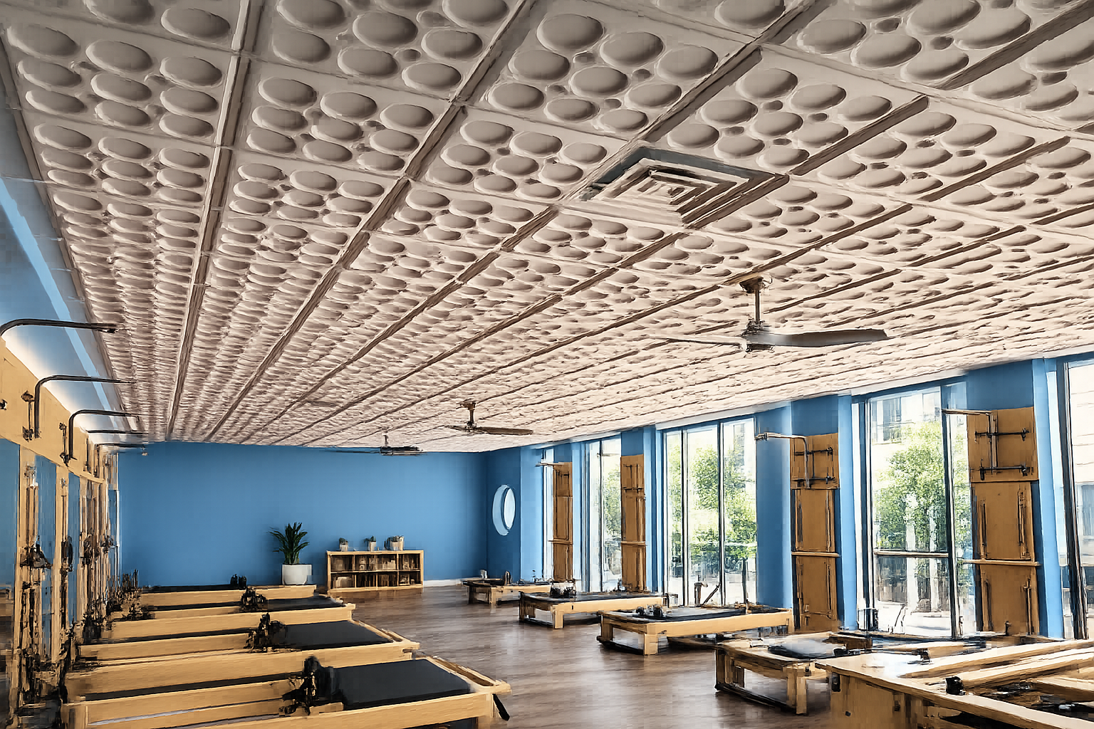 Club Pilates studio build-out construction, decorative ceiling and equipment installation, Los Angeles
